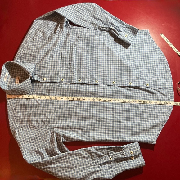 Peter Millar Mens L Plaid Dress Shirt Blue Tan Check 100% Cotton Button Down top - Picture 3 of 14